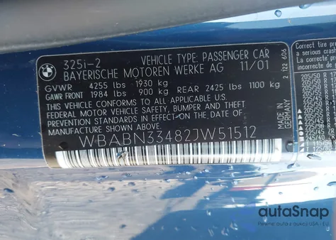 2002 BMW 325Ci из США, поврежденный, VIN WBABN33482JW51512